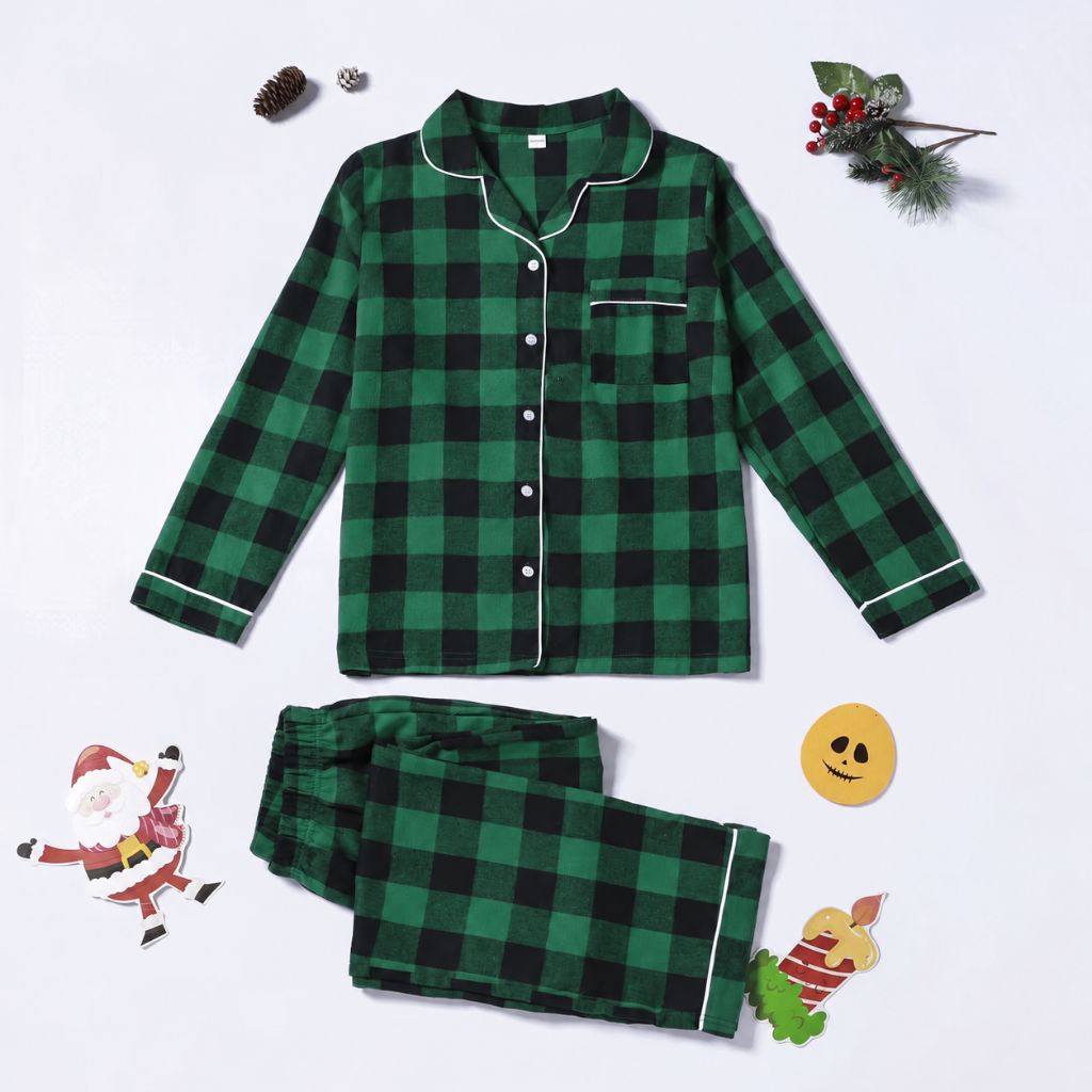 Pyjama de Noël enfant vert à carreaux Sapinière Pomme de pin