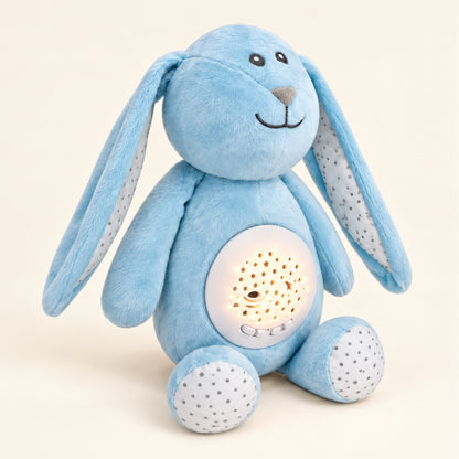 Veilleuse peluche Lulune allumée, dôme projecteur d'étoiles lumineux sur le ventre
