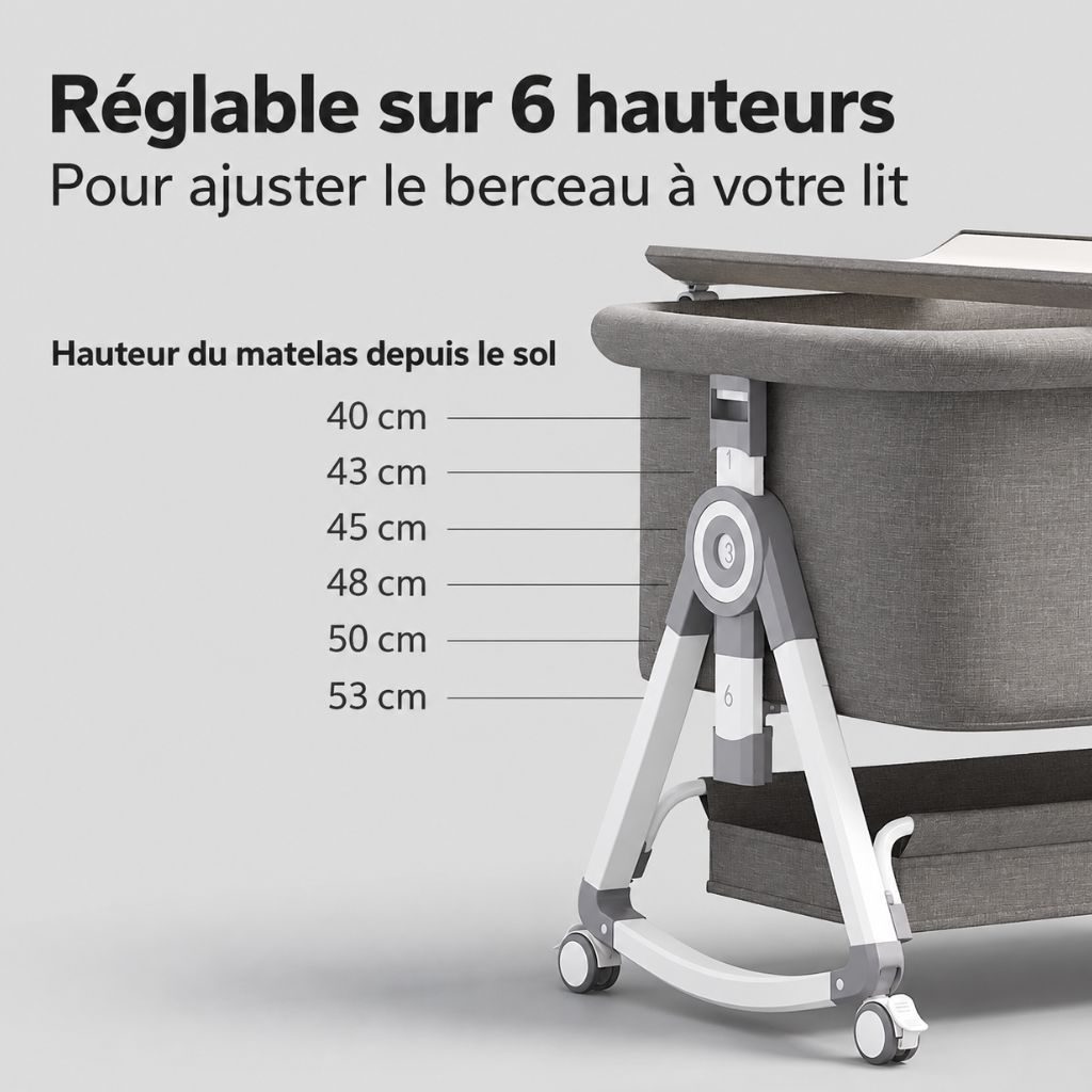 Berceau cododo réglable sur 6 hauteurs, matelas de 40 à 53 cm du sol