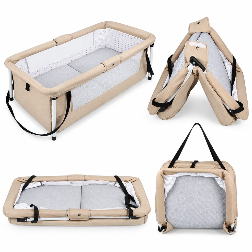 Berceau de voyage ultra-plat : ouvert, plié en deux, à plat et porté comme un sac