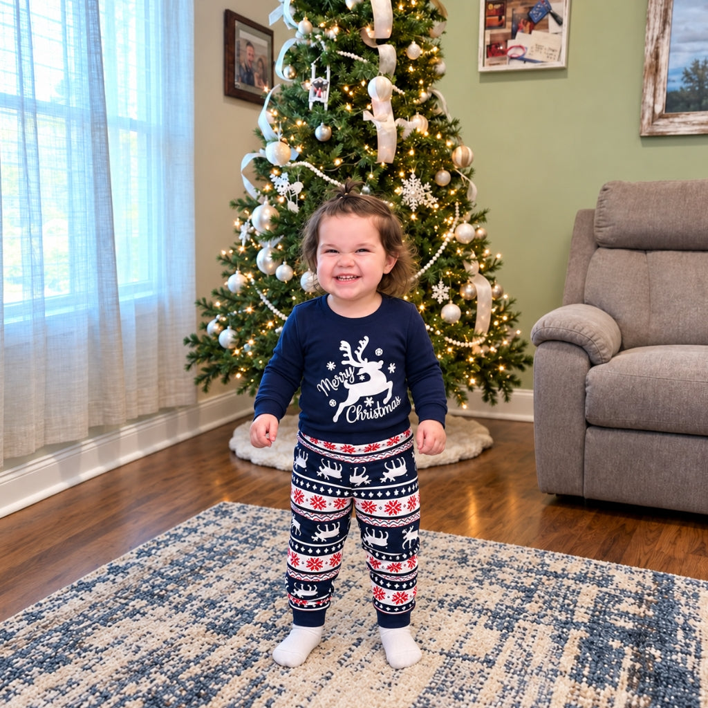 Enfant en pyjama de Noël bleu marine Merry Christmas devant le sapin