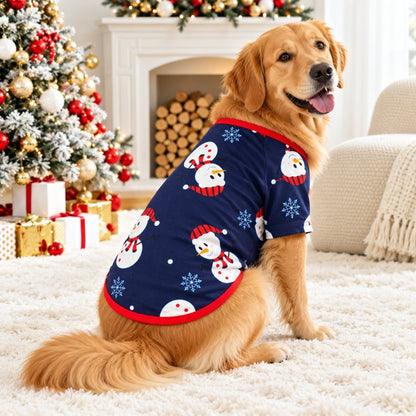 Chien en t-shirt de Noël bleu marine imprimé bonshommes de neige