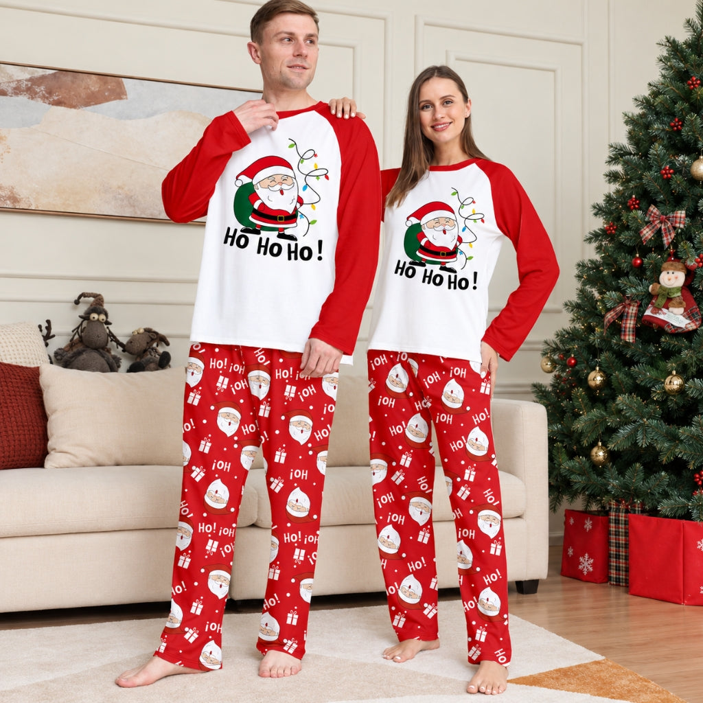 Couple en pyjama de Noël assorti Ho Ho Ho blanc à manches rouges