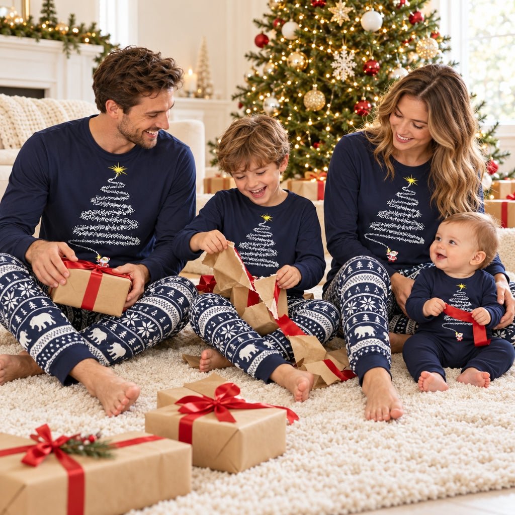 Famille en pyjama de Noël bleu marine sapin étoilé ouvrant les cadeaux