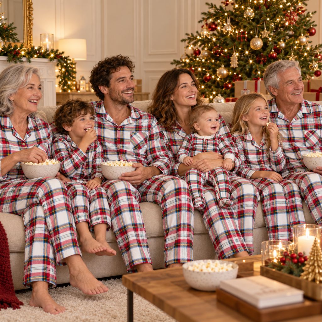 Grande famille avec grands-parents en pyjama Noël famille tartan blanc sur le canapé