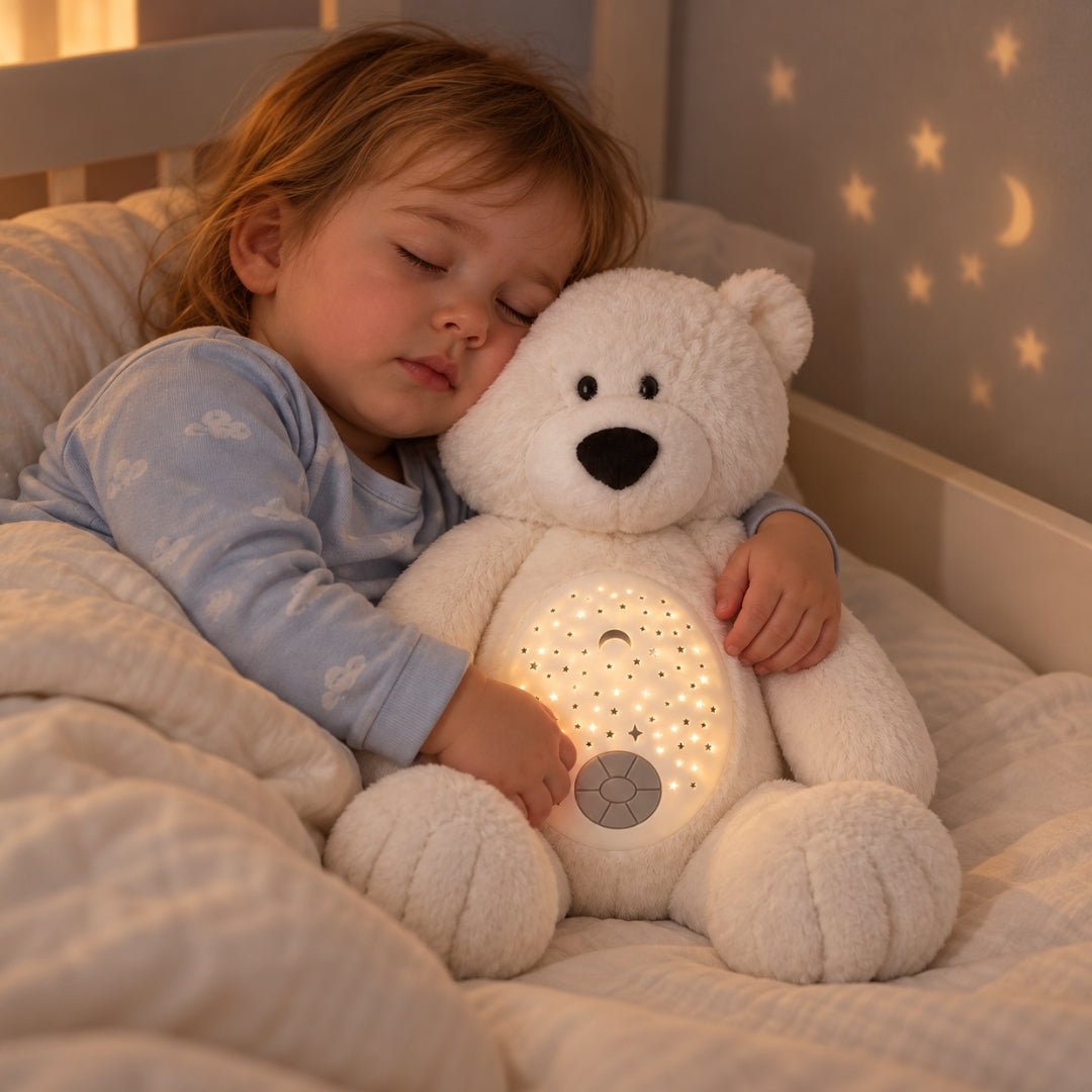 Enfant endormi qui serre sa veilleuse ours polaire Flocon dans son lit