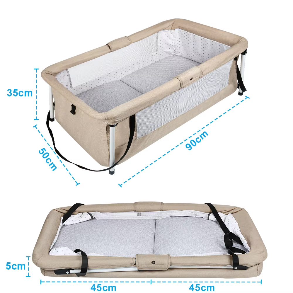 Dimensions du berceau de voyage : 90 x 50 x 35 cm ouvert, 45 x 50 x 5 cm plié