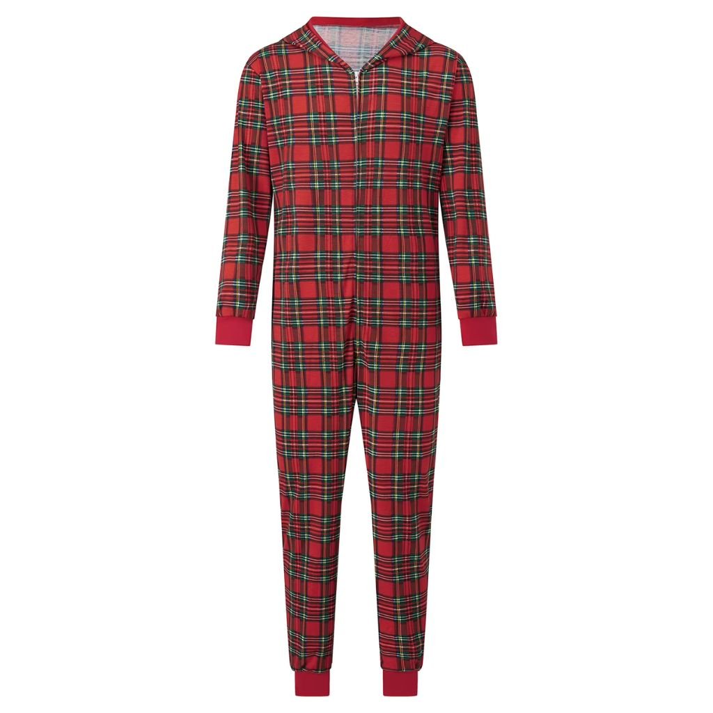 Combinaison pyjama de Noël adulte à carreaux rouges, zip et capuche, vue de face