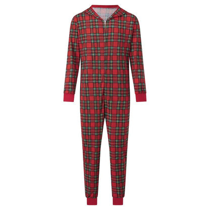 Combinaison pyjama de Noël adulte à carreaux rouges, zip et capuche, vue de face