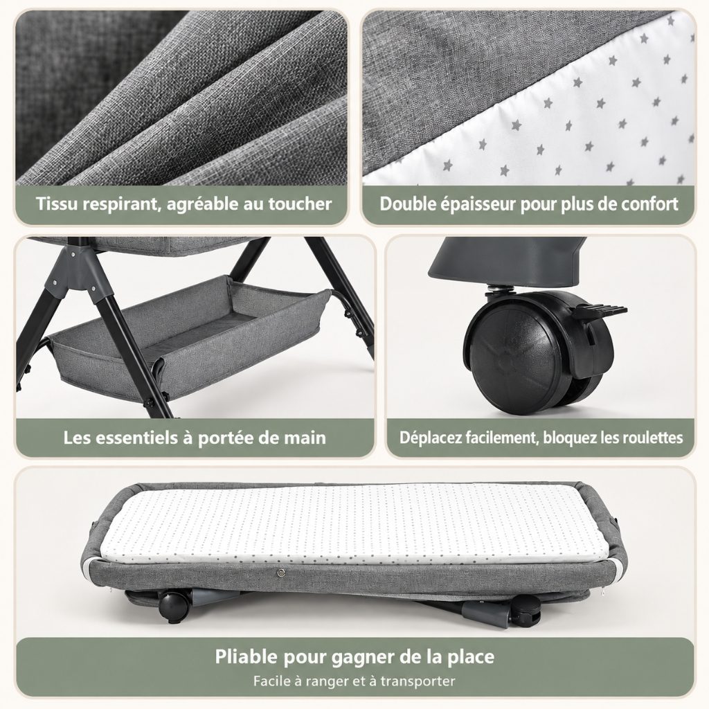 Détails du couffin cododo Lilou : tissu respirant, panier, roulettes à frein et pliage à plat