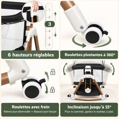 Lit cododo en maille Opaline : 6 hauteurs réglables, roulettes pivotantes avec frein et inclinaison