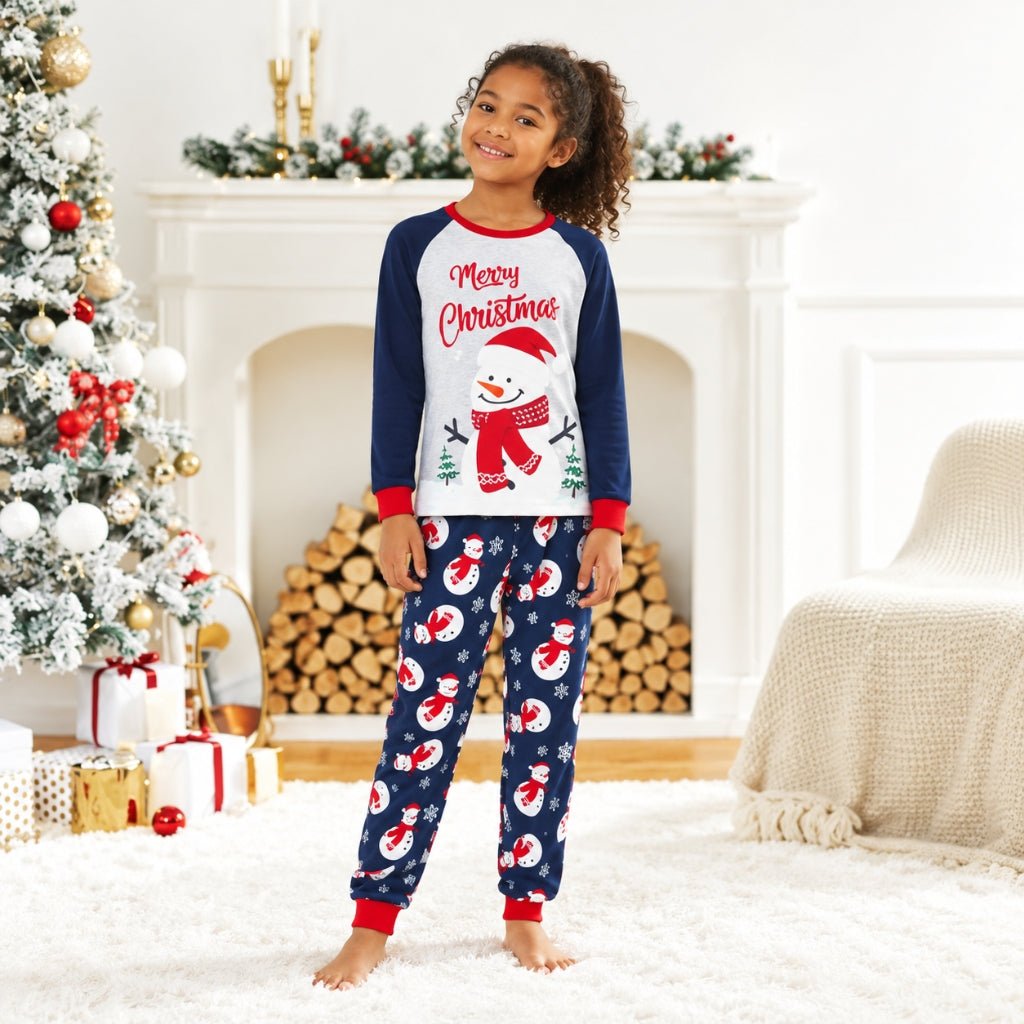 Fille en pyjama de Noël enfant Merry Christmas bonhomme de neige et pantalon marine