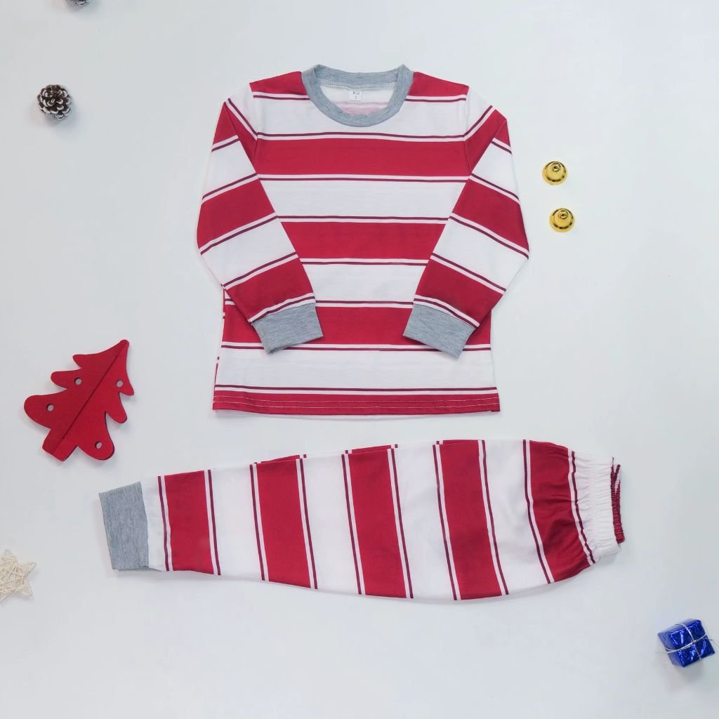Pyjama de Noël enfant rayé rouge et blanc Moussaillon à poignets gris