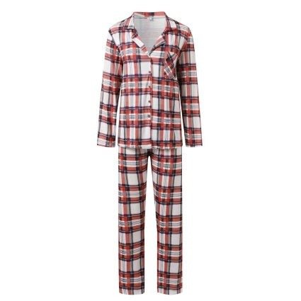 Pyjama de Noël adulte tartan blanc, chemise boutonnée à col et pantalon