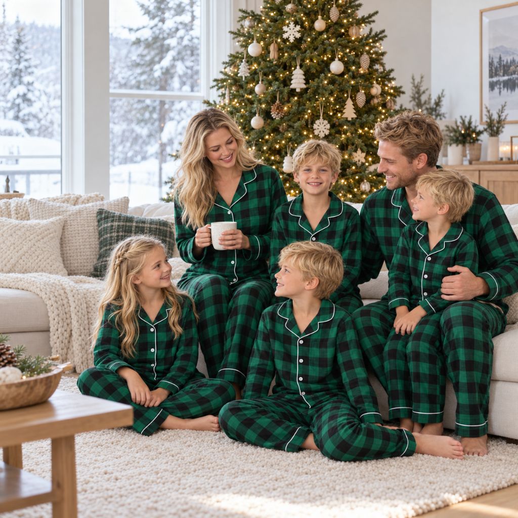 Famille en pyjama de Noël vert à carreaux assise devant le sapin