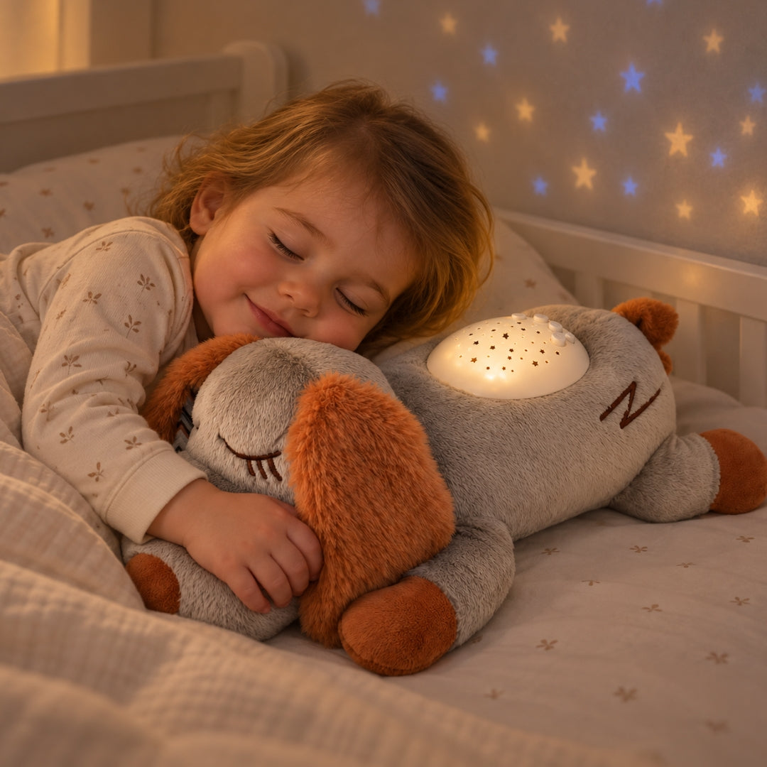 Petite fille endormie qui serre la peluche veilleuse Roupillou dans son lit