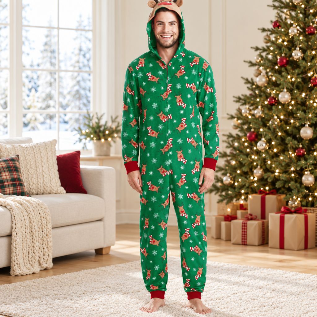 Homme en combinaison pyjama de Noël verte à capuche renne