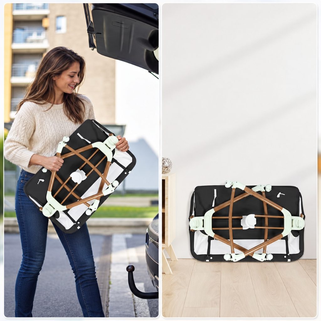 Lit cododo en maille Opaline plié à plat, rangé dans le coffre de la voiture