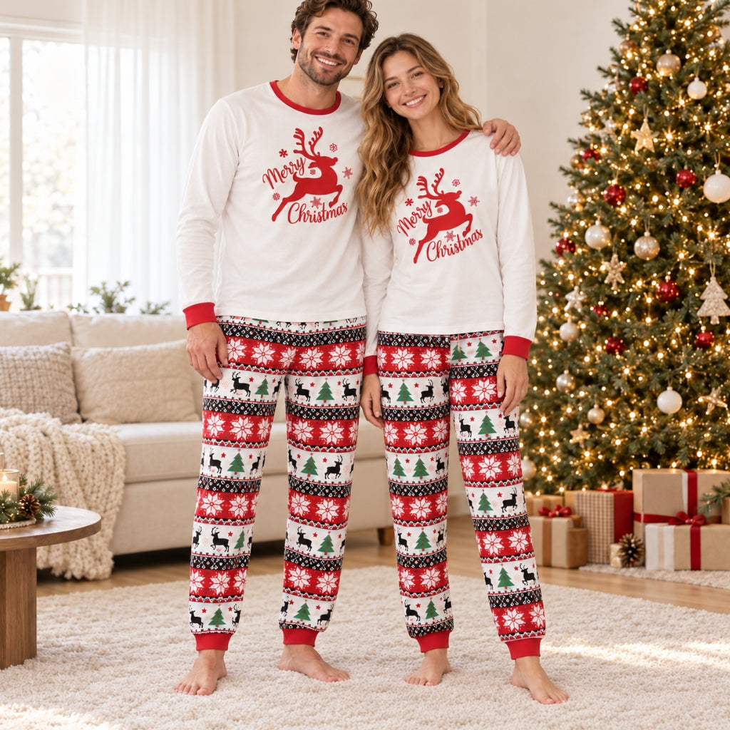 Couple en pyjama de Noël assorti blanc et rouge, pantalon nordique