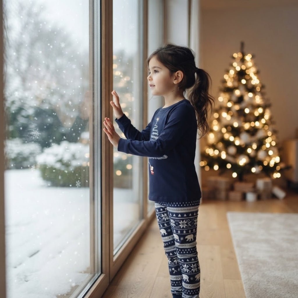Enfant en pyjama de Noël bleu marine regardant la neige tomber