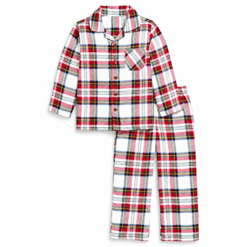 Pyjama de Noël enfant tartan blanc, chemise à poche et pantalon
