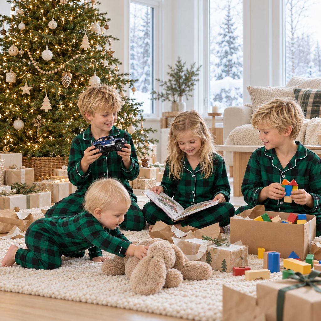 Enfants en pyjama de Noël vert à carreaux jouant avec leurs cadeaux