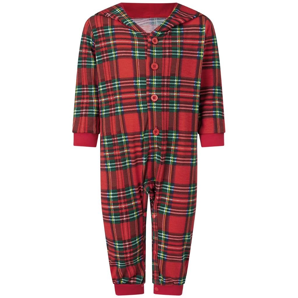 Combinaison de Noël bébé à carreaux rouges avec boutons et capuche