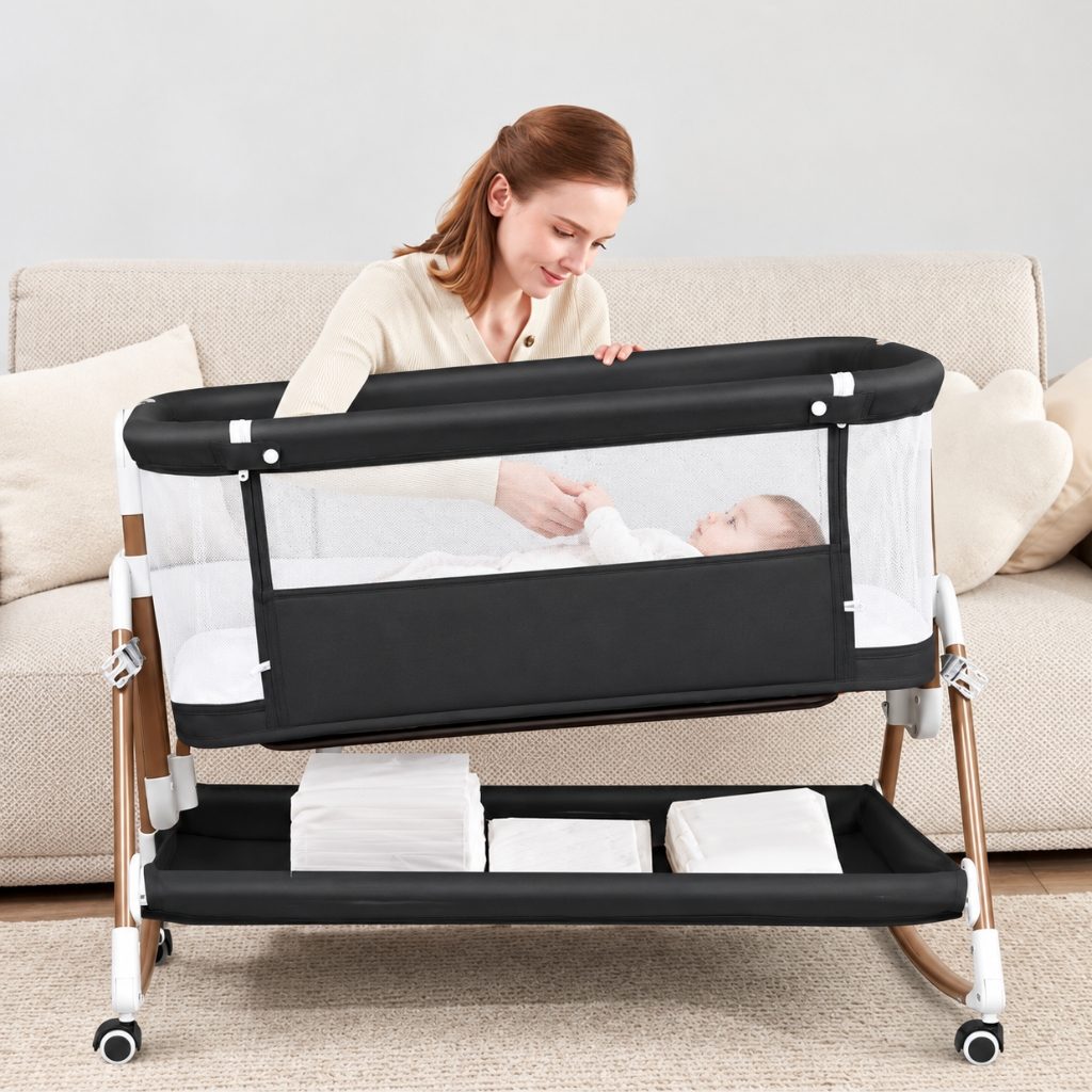 Maman qui s'occupe de son bébé dans le lit cododo en maille Opaline noir, au salon