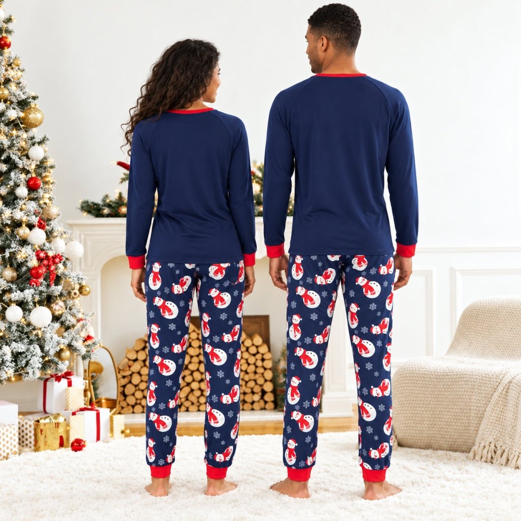 Dos du pyjama de Noël adulte bleu marine et pantalon imprimé bonshommes de neige