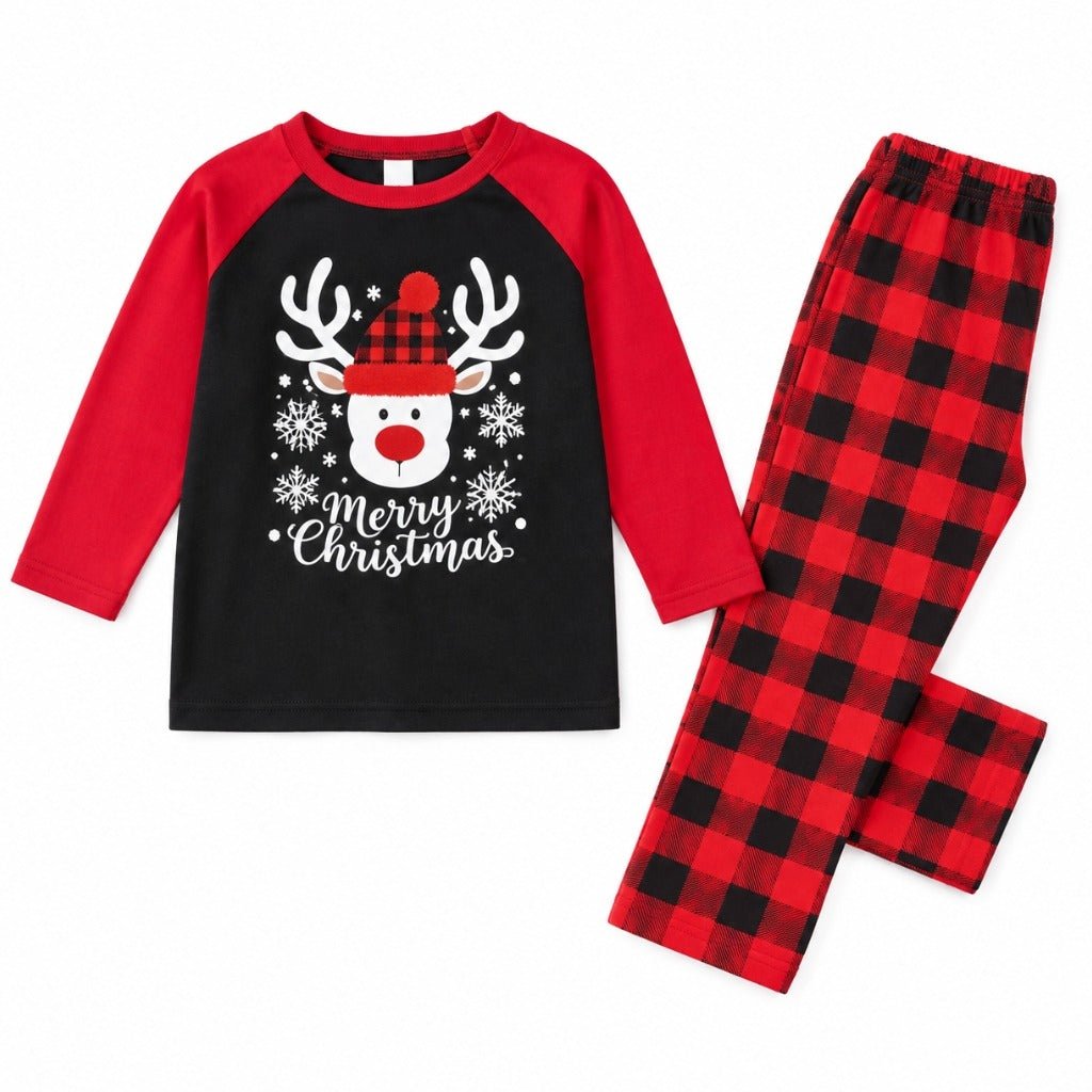 Pyjama de Noël enfant noir et rouge au renne, pantalon à carreaux