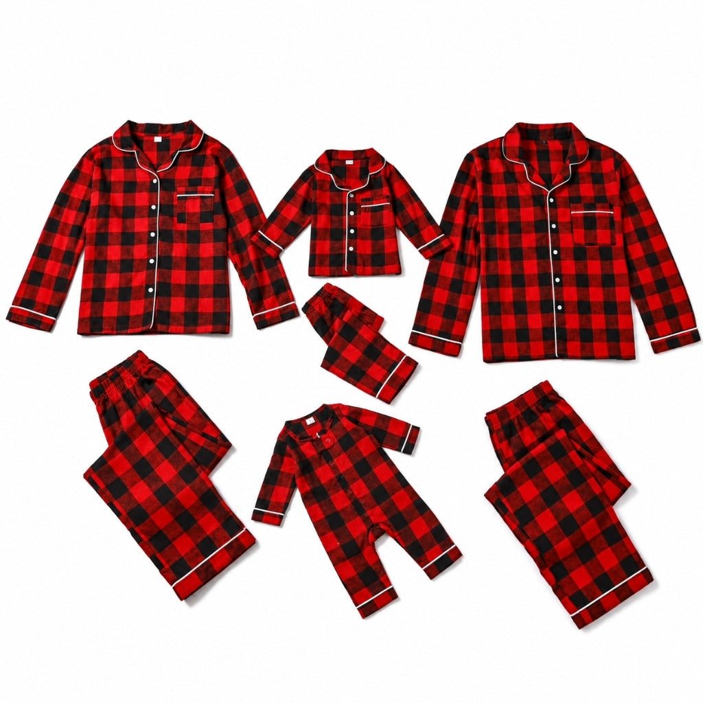 Ensemble pyjama Noël famille écossais rouge et noir : adultes, enfant et grenouillère
