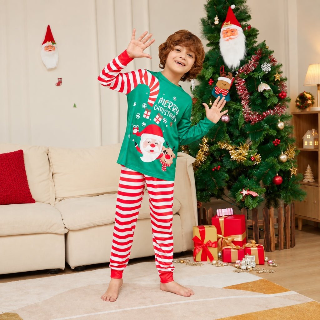 Garçon en pyjama de Noël enfant vert à manche sucre d'orge et pantalon rayé rouge