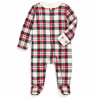 Grenouillère à pieds bébé tartan blanc rouge et marine pour Noël