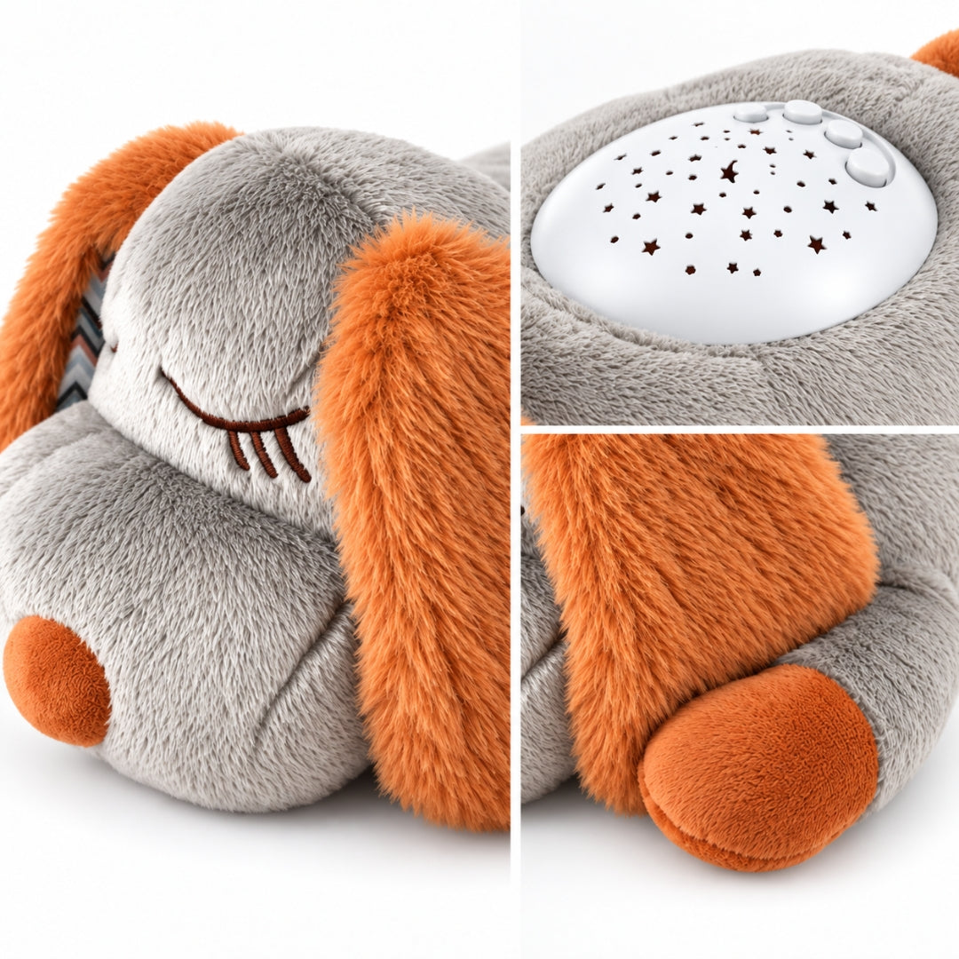 Détails de Roupillou : yeux endormis brodés, oreilles douces et dôme projecteur étoilé