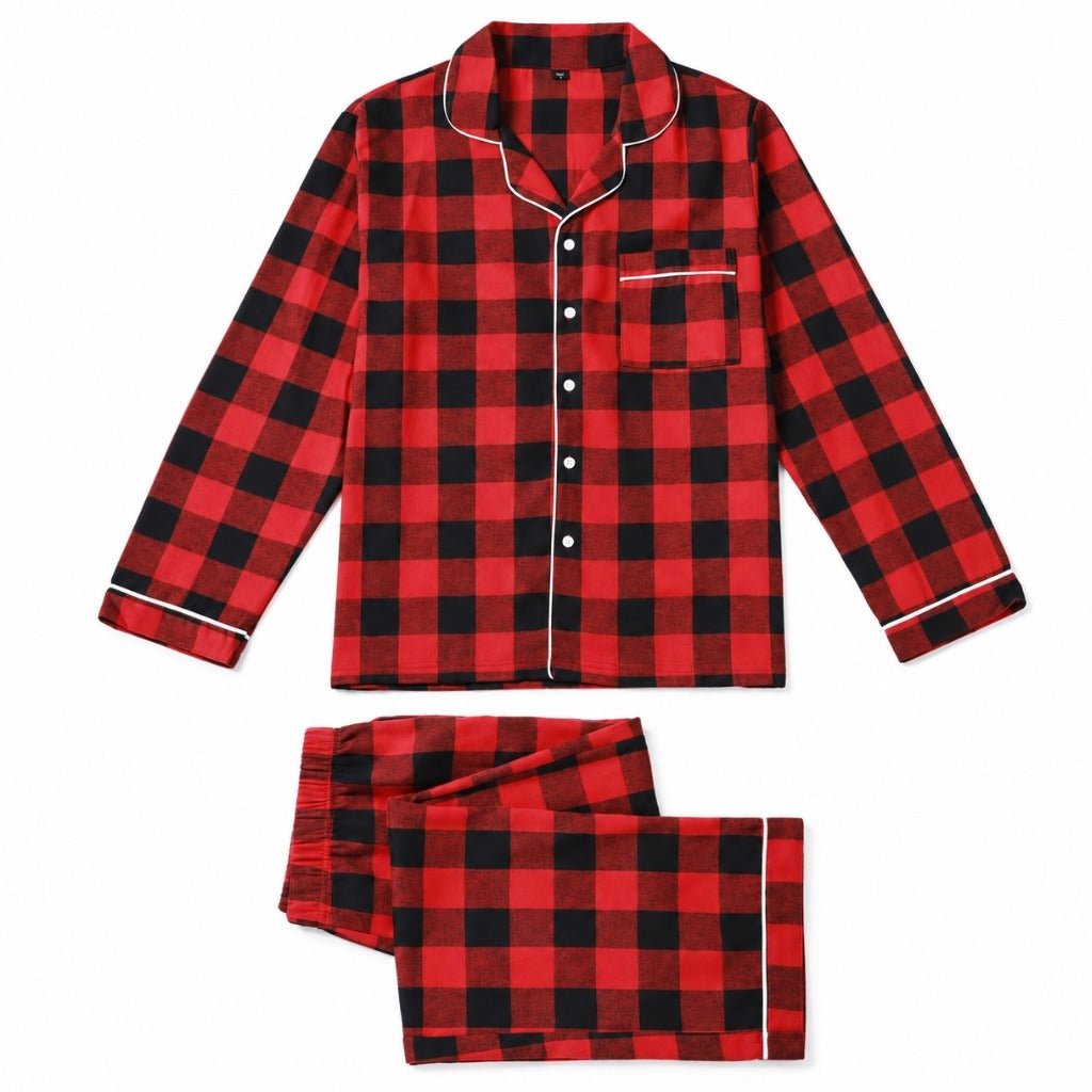 Pyjama de Noël adulte à chemise boutonnée carreaux rouges et noirs, liserés blancs