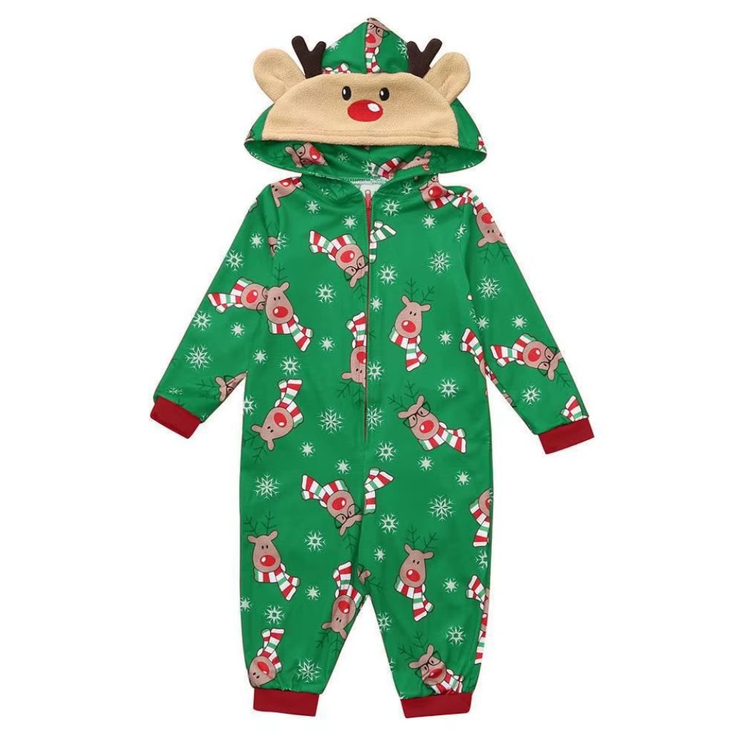 Combinaison de Noël bébé verte à capuche renne et poignets rouges