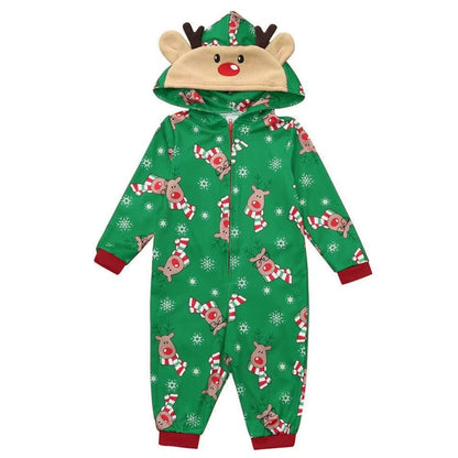 Combinaison de Noël bébé verte à capuche renne et poignets rouges