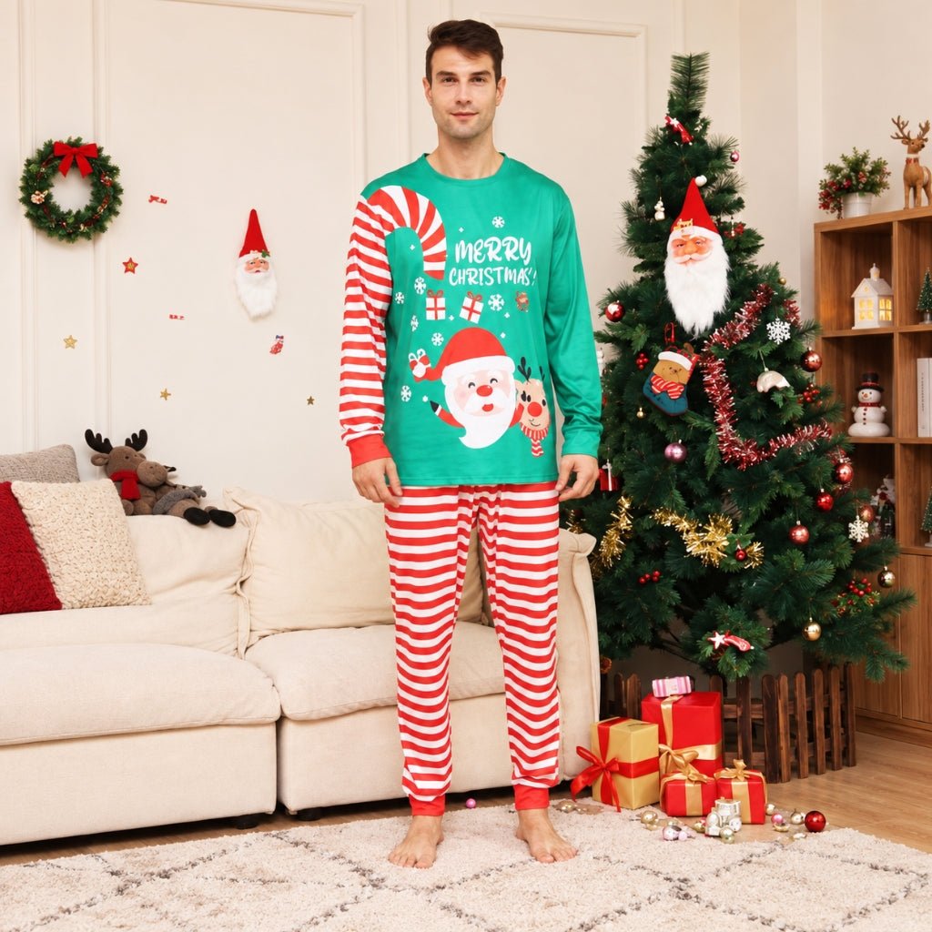 Papa en pyjama de Noël homme vert avec Père Noël et renne, pantalon rayé