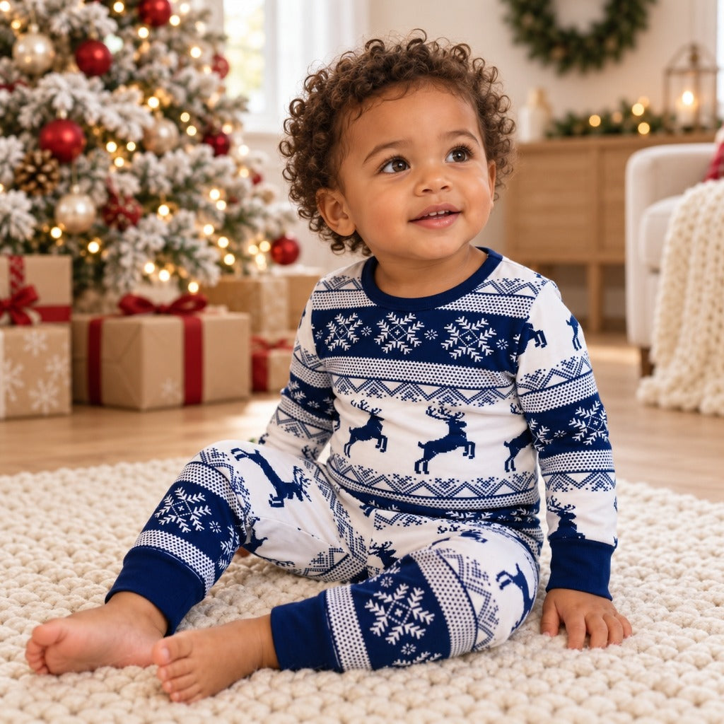 Enfant en pyjama de Noël nordique bleu marine et blanc aux rennes
