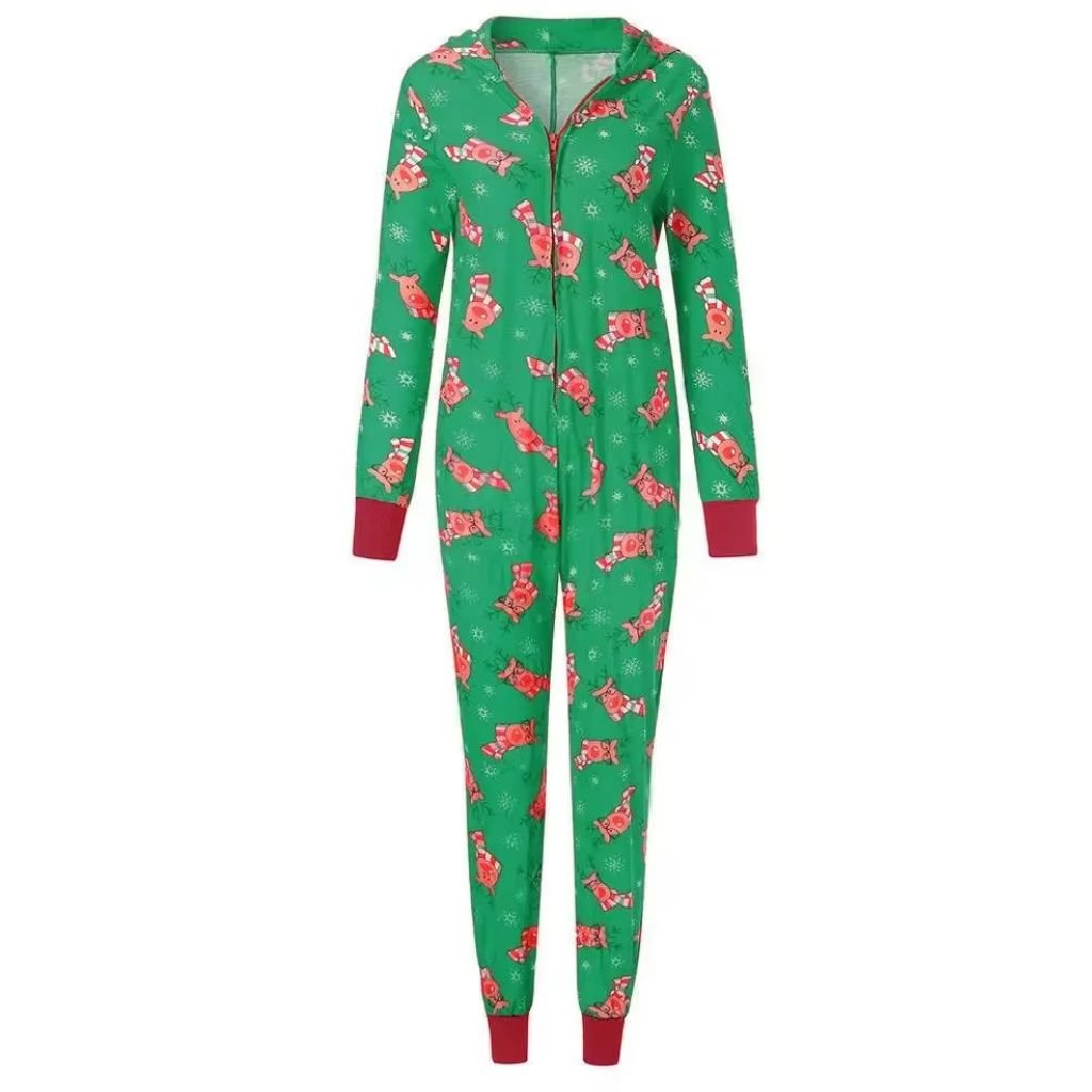 Combinaison pyjama de Noël femme verte imprimé rennes à plat