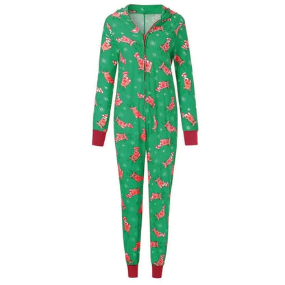 Combinaison pyjama de Noël femme verte imprimé rennes à plat