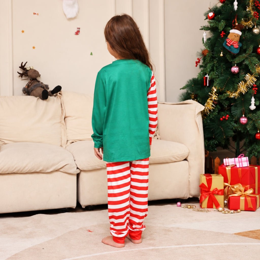 Dos du pyjama de Noël fille vert uni avec manche rayée rouge et blanc