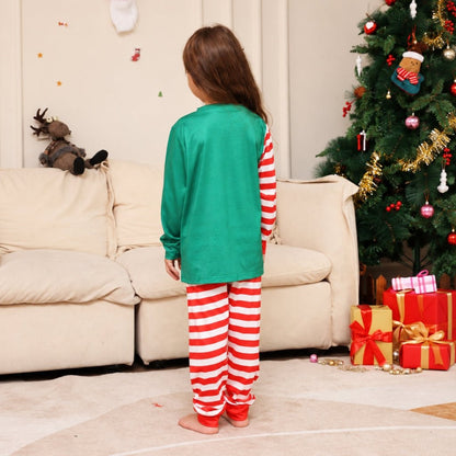 Dos du pyjama de Noël fille vert uni avec manche rayée rouge et blanc