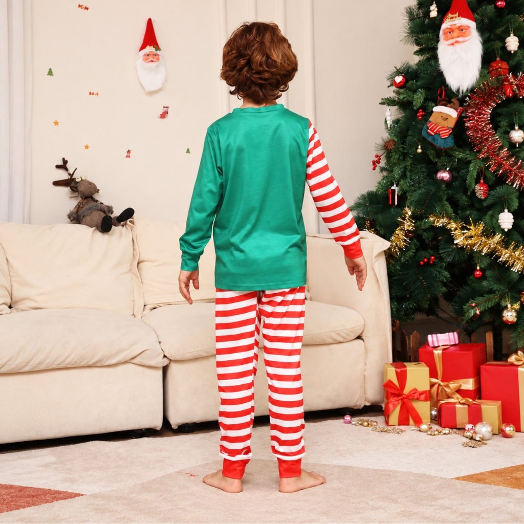 Dos du pyjama de Noël garçon vert uni avec manche sucre d'orge