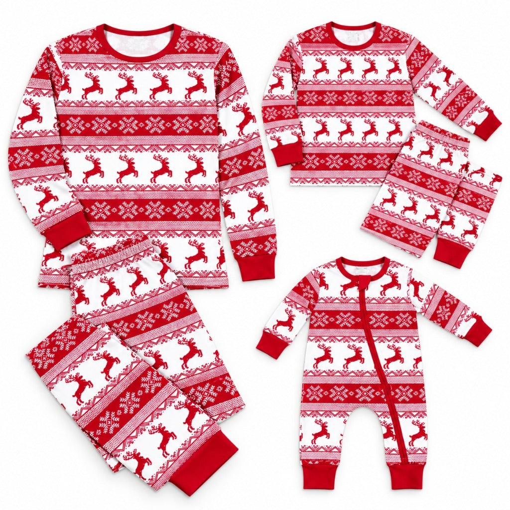 Ensemble pyjama Noël famille nordique rouge : adulte, enfant et grenouillère