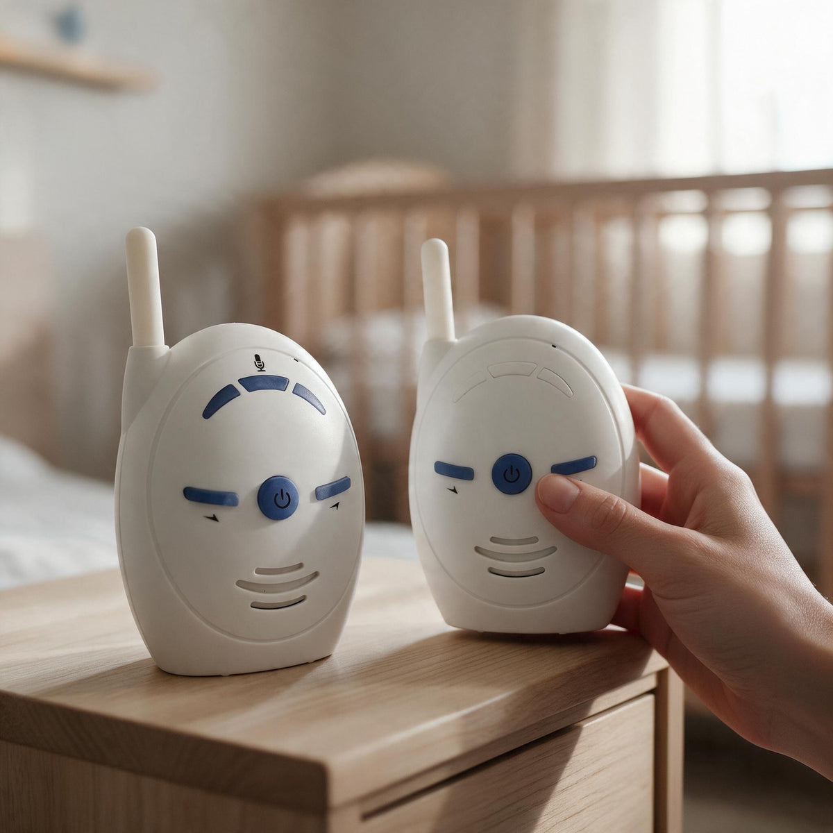 Les deux unités du babyphone audio posées près du lit de bébé