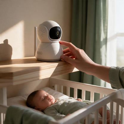 Caméra du babyphone posée en hauteur sur une étagère au-dessus du lit de bébé endormi