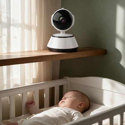 Caméra bébé wifi posée en hauteur sur une étagère au-dessus du lit de bébé