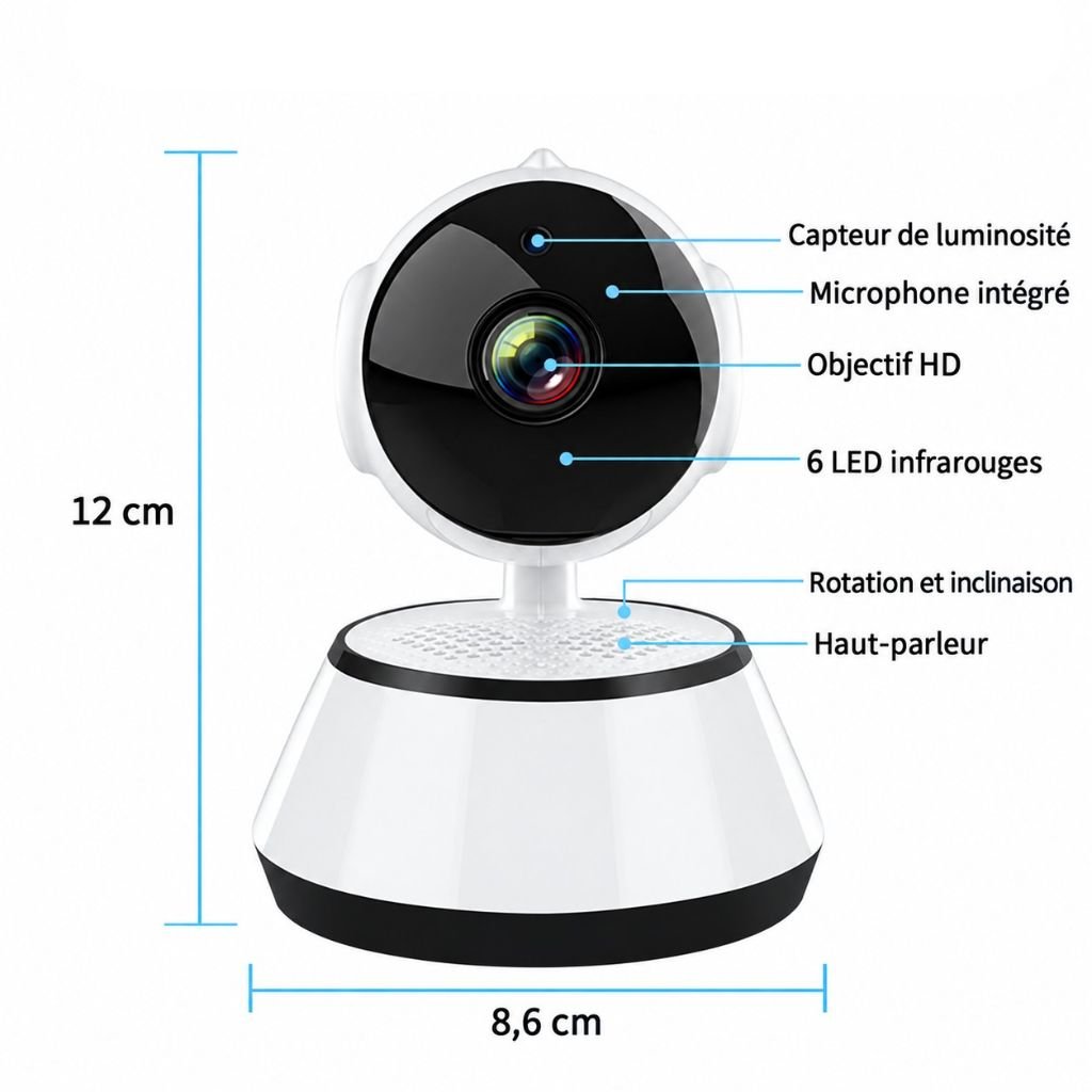 Caractéristiques de la baby cam wifi : objectif HD, micro, LED infrarouges, 12 cm de haut