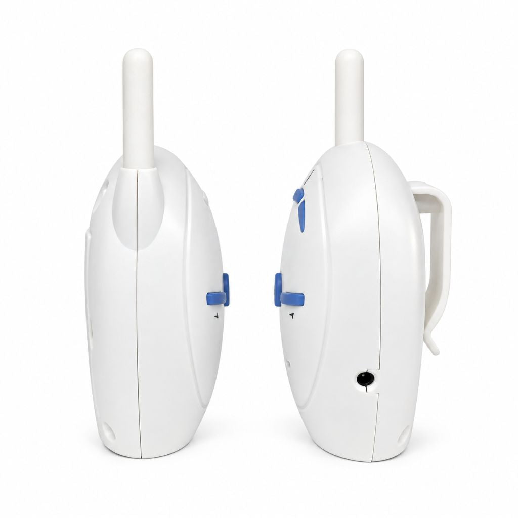 Vue de côté du babyphone audio avec boutons de volume et clip ceinture
